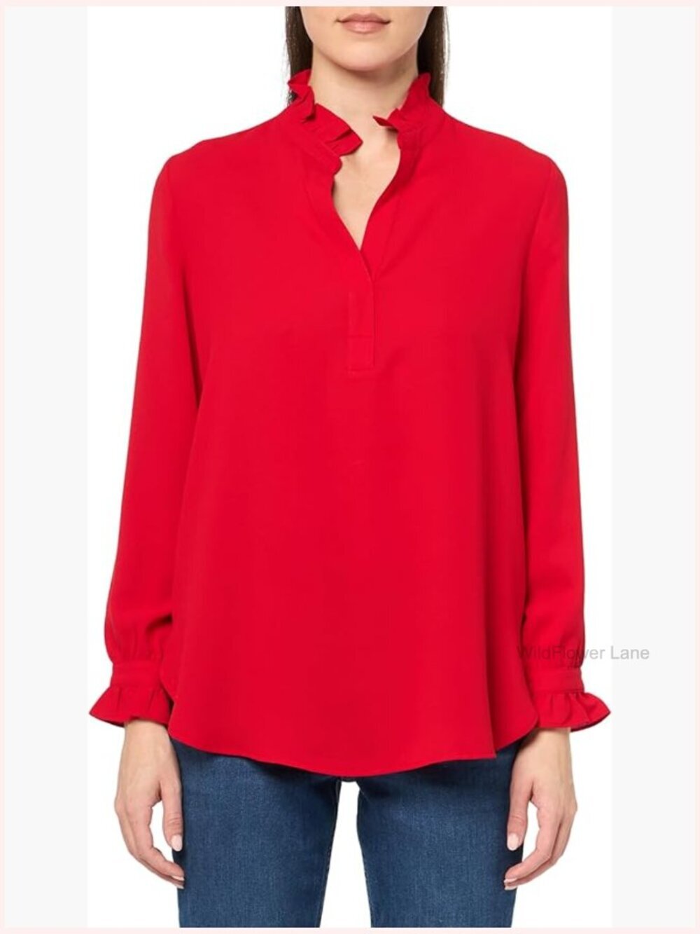 Ruffle Notch Neck Long Sleeve Top Solid Polyester Regular Fit
